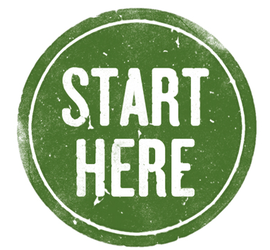 green circle with white letters inside that read "start here"