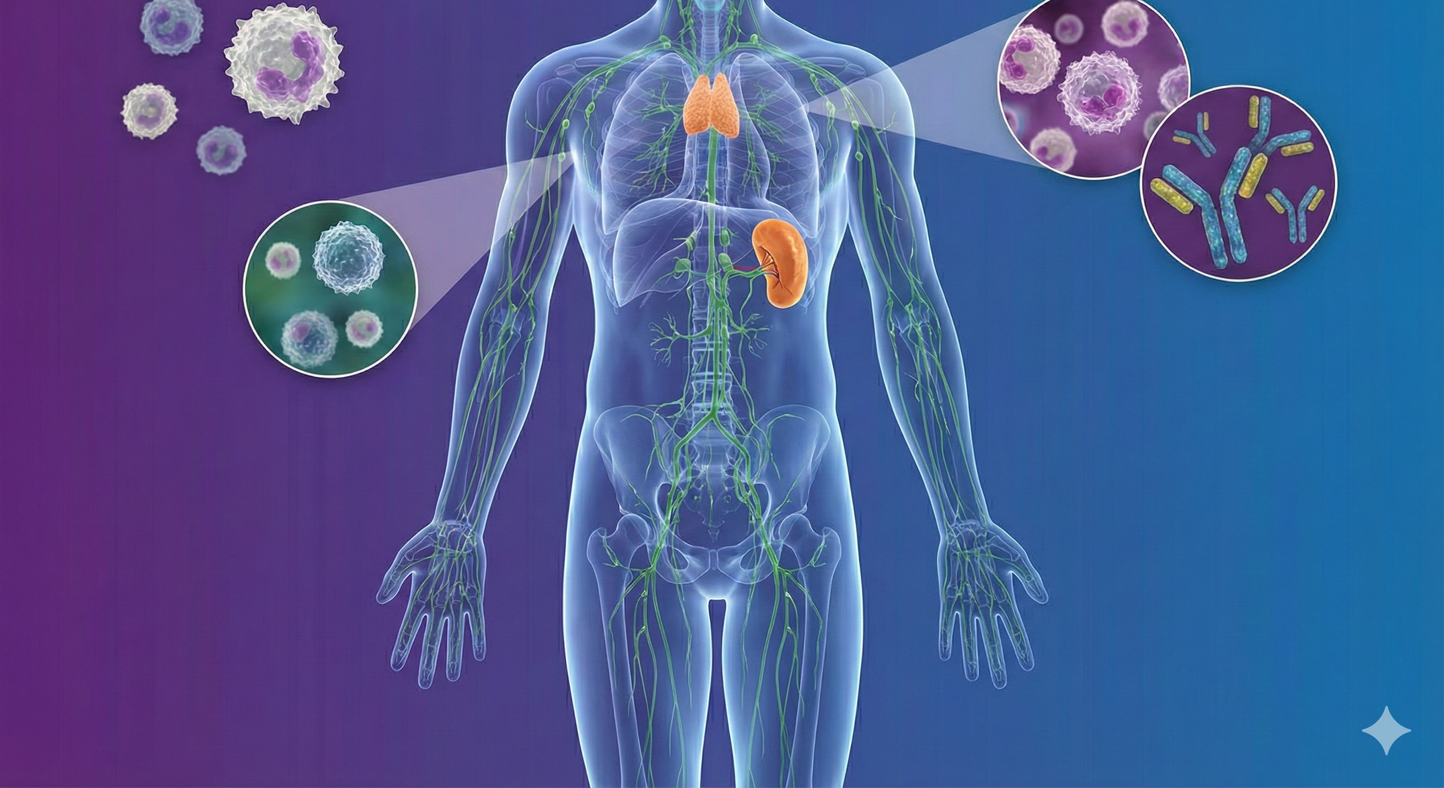 Medical illustration of the lymphatic system in a transparent torso, with immune cells and antibodies on a blue background.