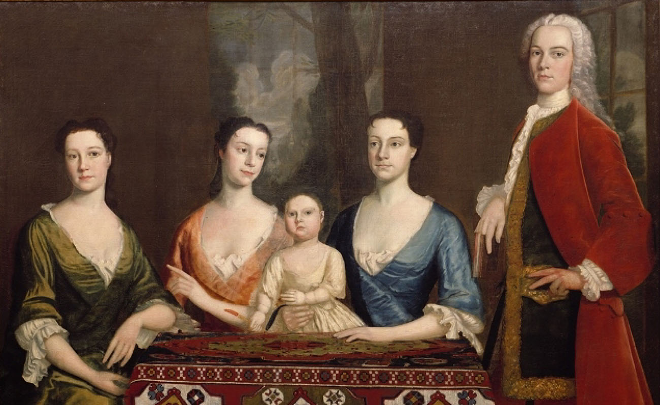 Isaac Royall and his family, seen here in a 1741 portrait by Robert Feke (modified).