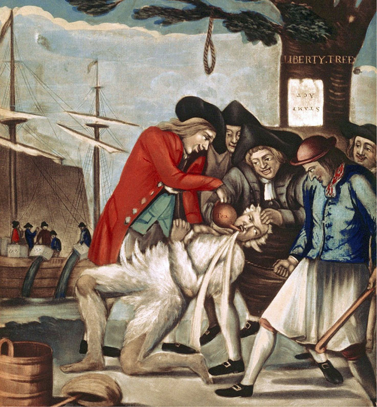 The Bostonians Paying the Excise-man, or Tarring and Feathering (1774), attributed to Philip Dawe (modified).