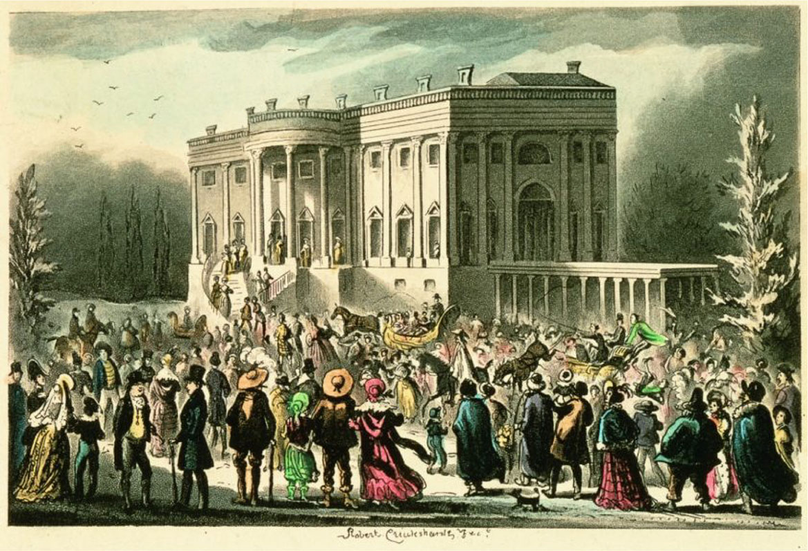  In President’s Levee, Washington (1841), by Robert Cruikshank, the artist depicts Andrew Jackson’s inauguration.
