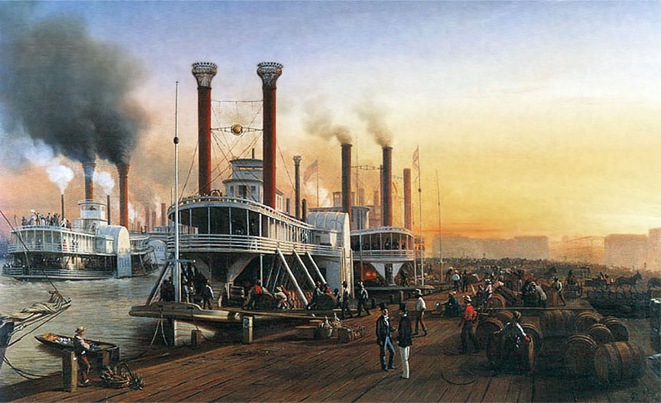 Bateaux à Vapeur Géant, la Nouvelle-Orléans 1853 (Giant Steamboats at New Orleans, 1853), by Hippolyte Sebron,.