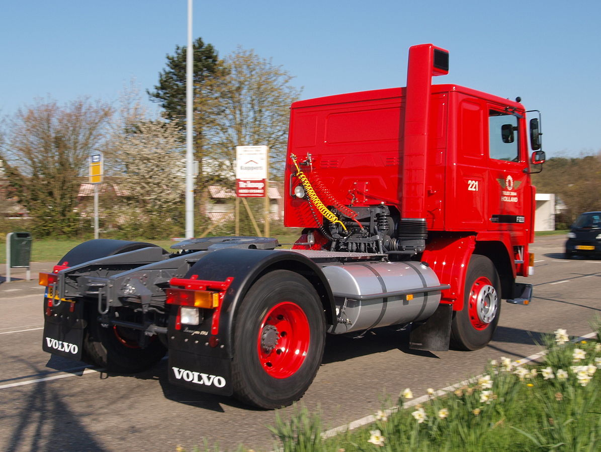 Red Volvo Truck without a trailer attached.
