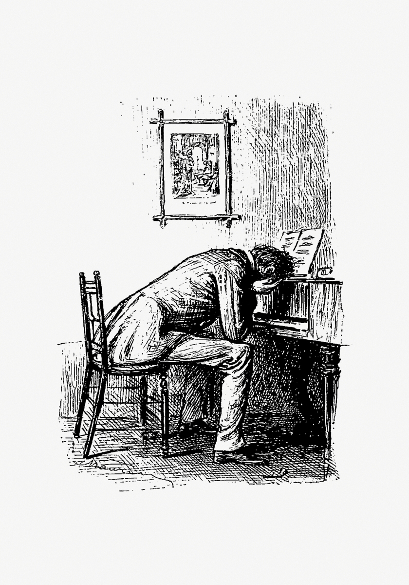A lone man slumps at a desk, head buried in hands, sheet music open before him, expressing deep exhaustion and quiet despair.