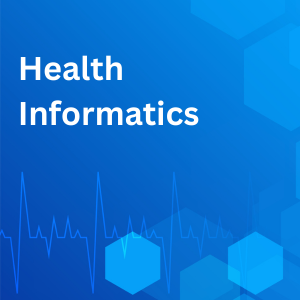 Text: Health Informatics
Picture: Blue background with multi-color hexagons and heartbeat line.