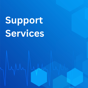 Text: Support Services
Picture: Blue background with multi-color hexagons and heartbeat line.