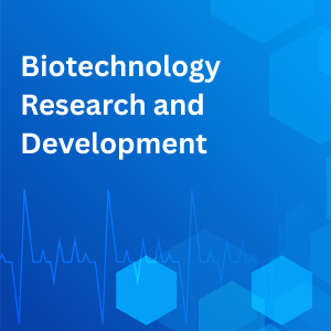 Text: Biotechnology Research and Development
Picture: Blue background with multi-color hexagons and heartbeat line.