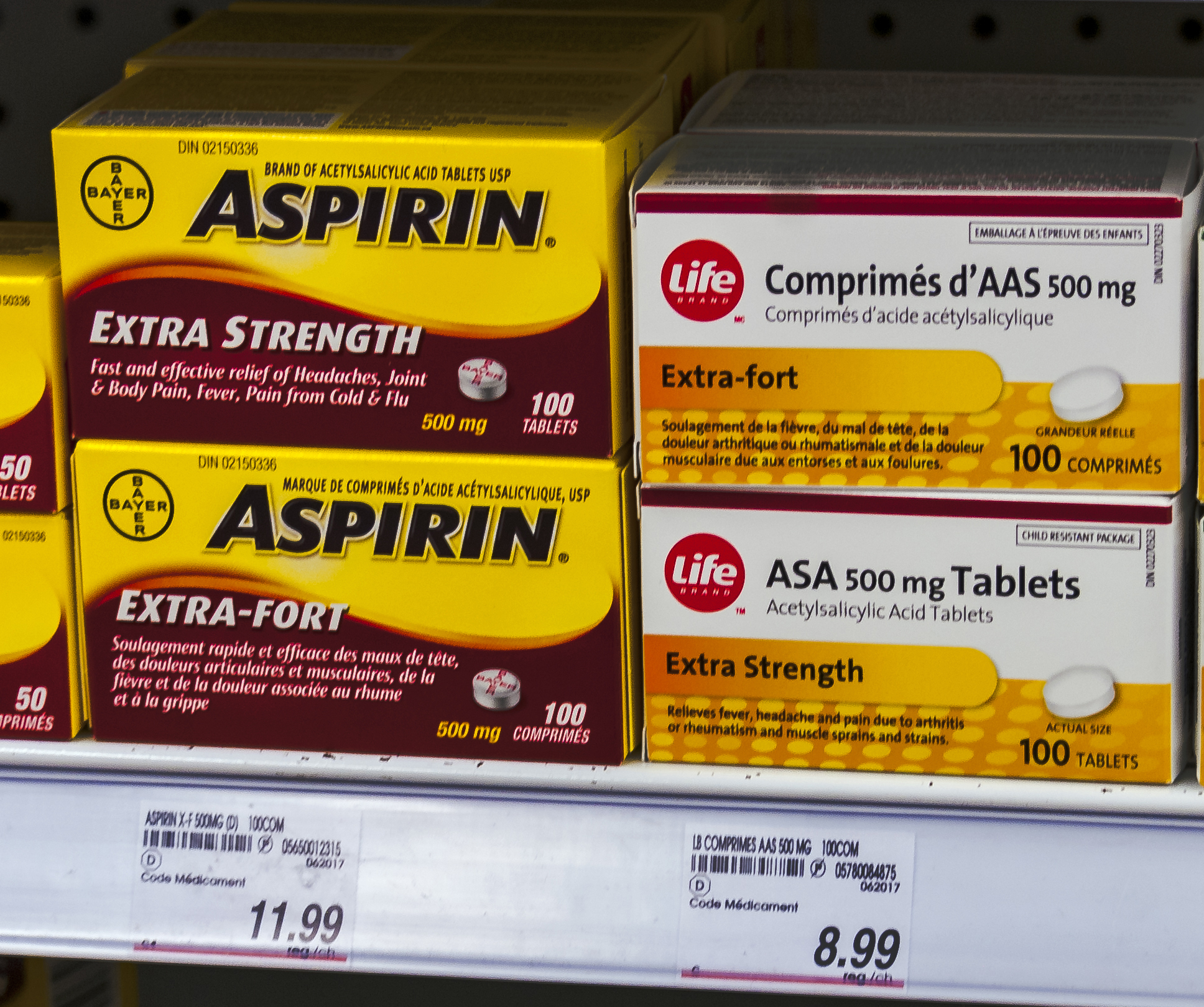 Grocery shelf with aspirin boxes