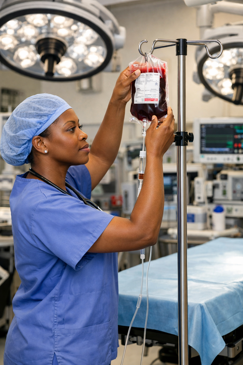 An African American nurse dressed in blue surgical scrubs is seen hanging a bag of blood on an IV pole in an operating room 