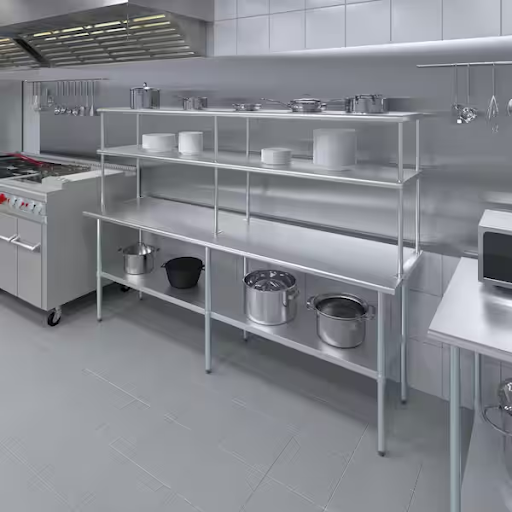A neatly organized shelf in a commercial kitchen