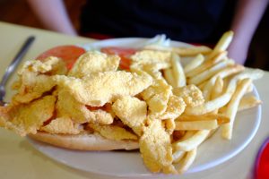 Plate of fried catfish and french fries at Middendorf's Restaurant in Louisiana.