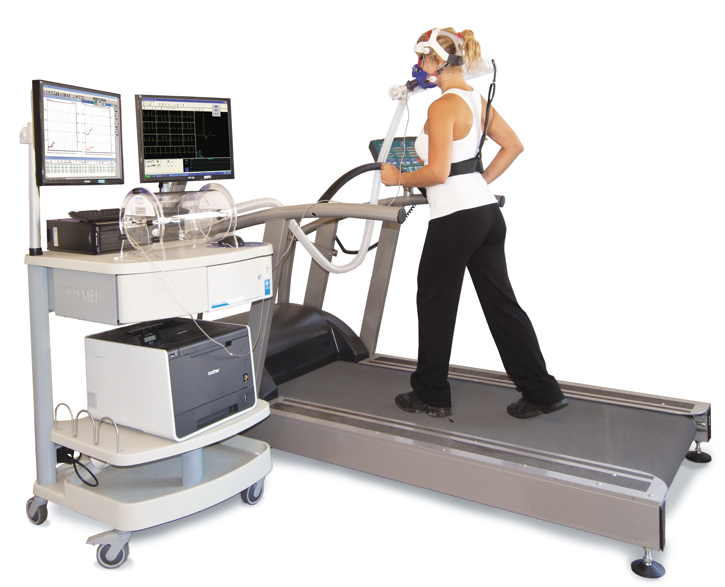 Woman on a treadmill that is measuring her cardiopulmonary fitness 